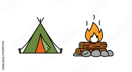 Camping tent and campfire icon set for outdoor adventure.