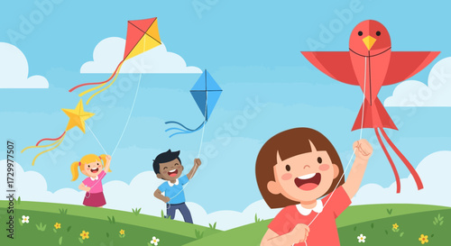 Children joyfully flying kites in a sunny outdoor park setting.