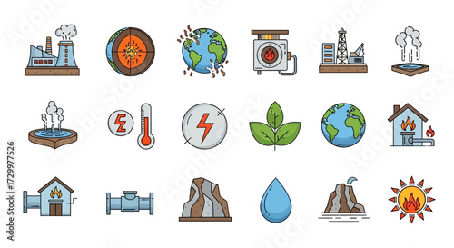Climate Change Icons - Pollution, Global Warming, and Renewable Energy.