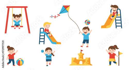 Children playing and enjoying various outdoor activities on a sunny day.
