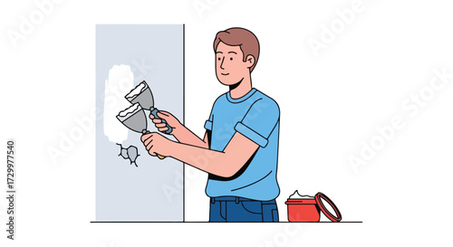 Dedicated handyman meticulously repairs damaged wall surface with careful plaster application using two trowels for smooth finish and professional