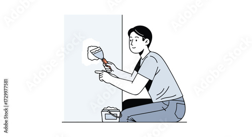Cartoon depiction of a man applying spackle to repair a wall imperfection with a putty knife and smiling