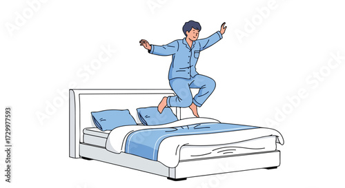 Cartoon illustration of a young boy energetically jumping on a bed wearing pajamas showcasing childlike exuberance and playful energy, symbolizing