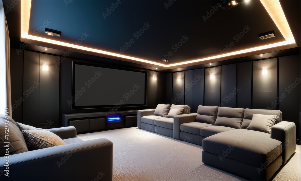 Fototapeta premium Home Theater Interior with Gray Sectional Sofa and Projector Screen