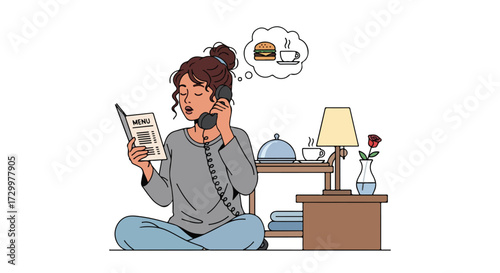 Illustration depicting a woman ordering room service while comfortably seated in her hotel room making decisions
