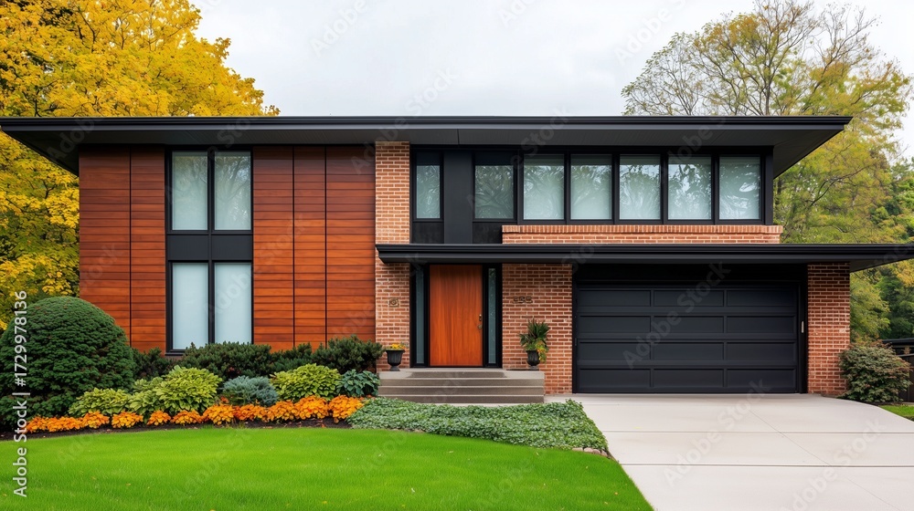 Obraz premium A modern house featuring a mix of wood and brick exteriors, surrounded by lush greenery and colorful landscaping.