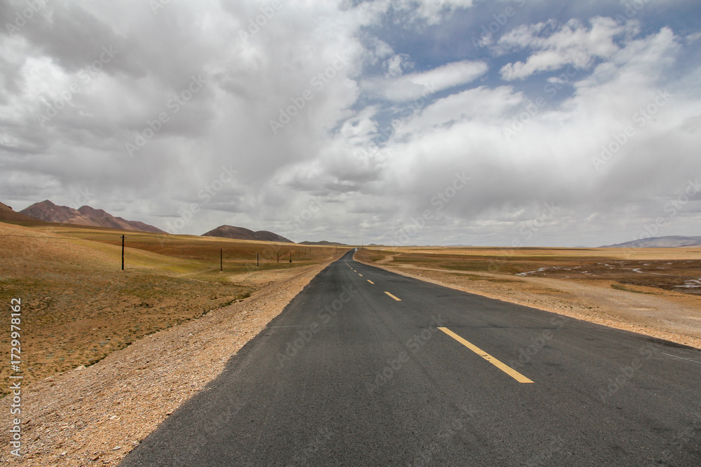 Fototapeta premium Long straight road extending through vast open landscape under cloudy sky