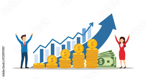Flat style illustration of business success with people celebrating financial growth, rising charts, and stacks of coins, symbolizing profit, investment, wealth, and economic achievement