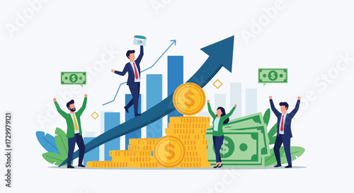 Flat style illustration of business success with people celebrating financial growth, rising charts, and stacks of coins, symbolizing profit, investment, wealth, and economic achievement