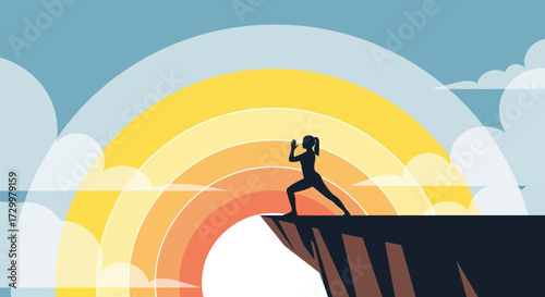 Silhouette of a woman practicing yoga on a cliff edge with a colorful sunset.