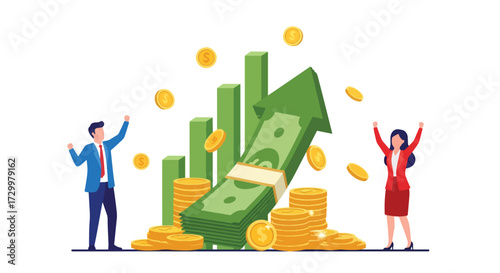 Flat style illustration of business success with people celebrating financial growth, rising charts, and stacks of coins, symbolizing profit, investment, wealth, and economic achievement