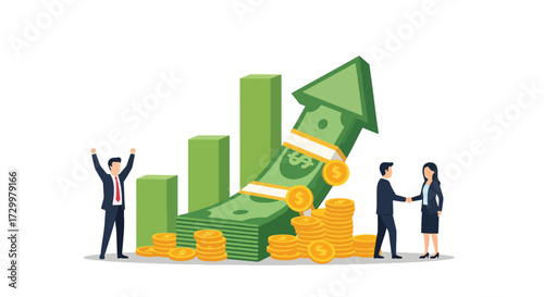 Flat style illustration of business success with people celebrating financial growth, rising charts, and stacks of coins, symbolizing profit, investment, wealth, and economic achievement