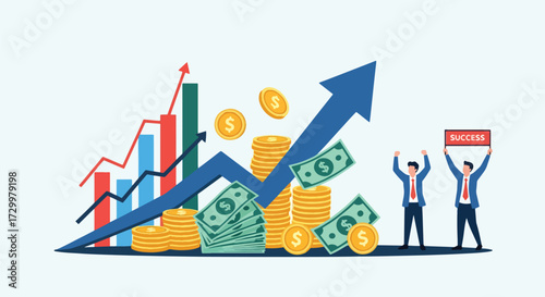 Flat style illustration of business success with people celebrating financial growth, rising charts, and stacks of coins, symbolizing profit, investment, wealth, and economic achievement