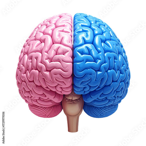 3D Realistic Human Brain Model with Blue and Pink Hemispheres Isolated on White Background
