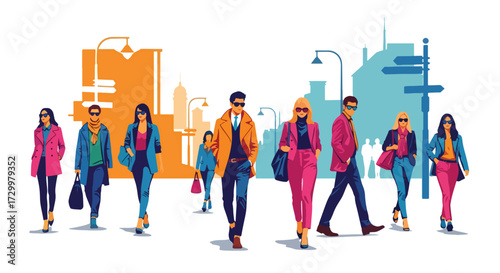 Flat style illustration of diverse people crossing the street in an urban city, showcasing everyday life, diversity, fashion, and city living with traffic lights in the background