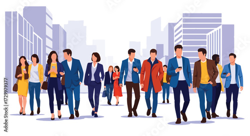 Flat style illustration of diverse people crossing the street in an urban city, showcasing everyday life, diversity, fashion, and city living with traffic lights in the background