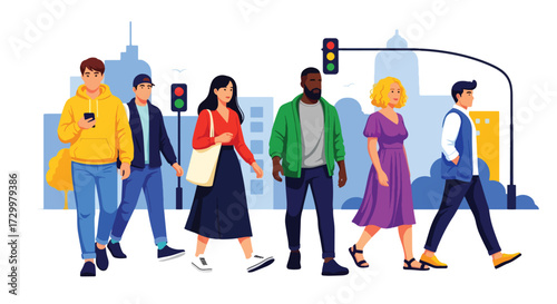 Flat style illustration of diverse people crossing the street in an urban city, showcasing everyday life, diversity, fashion, and city living with traffic lights in the background