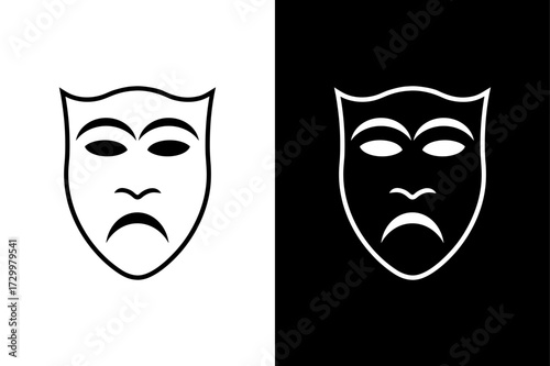 Theater Mask Drama Icon on Black and White Background.