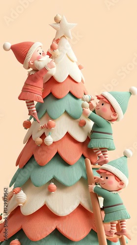 Santa and elves decorating Christmas tree in cute 3D pastel holiday wonderland