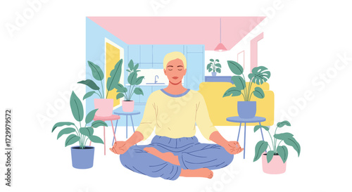 Flat style illustration of a woman meditating at home on a yoga mat, surrounded by indoor plants, promoting mindfulness, relaxation, self-care, and a healthy balanced lifestyle.