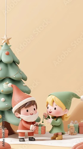 Cute elf children exchanging gifts under Christmas tree in pastel holiday scene