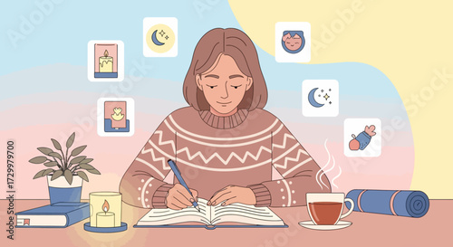 A woman writing in a journal, surrounded by calming elements, and icons.