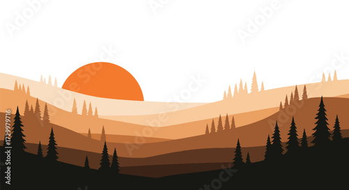 Flat style illustration of a sunset over rolling hills with pine trees, featuring warm orange and yellow tones, symbolizing nature, peace, and scenic landscape beauty