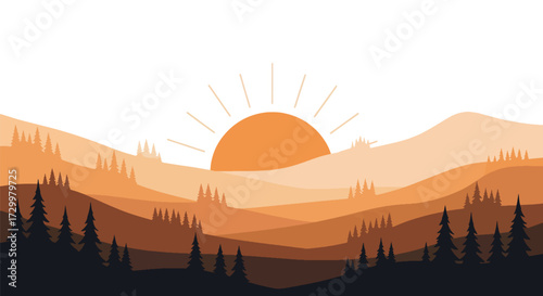 Flat style illustration of a sunset over rolling hills with pine trees, featuring warm orange and yellow tones, symbolizing nature, peace, and scenic landscape beauty