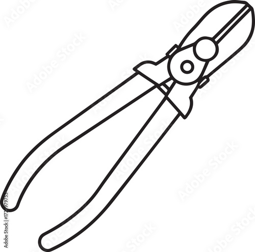 Black and white line drawing of garden pruning shears outline vector illustration, line art