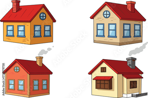Cartoon houses illustration with red roofs, chimney, windows, cozy home, suburban architecture, family living, cute vector design