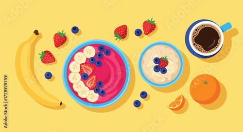 Flat style illustration of a healthy breakfast with smoothie bowl, fresh fruits, coffee, and cereal, highlighting nutrition, wellness, and balanced lifestyle for morning energy and healthy living