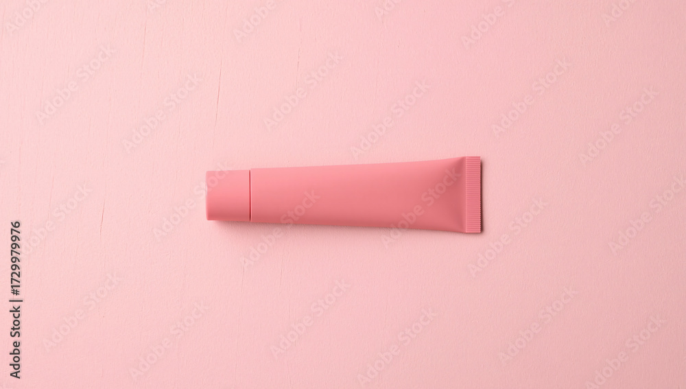Fototapeta premium Pink tube of cosmetic product on a pink background with foliage.