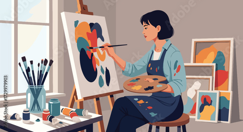 flat style Illustration of an artist painting a colorful landscape on canvas in a bright studio, surrounded by brushes, paints, and blank canvases, symbolizing creativity, art, and inspiration