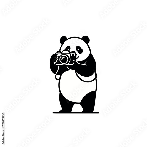 Charming Panda Bear Photographer Capturing Precious Moments in Black and White Graphic Style Perfect for Childrens Illustration and Wildlife Photography Concepts