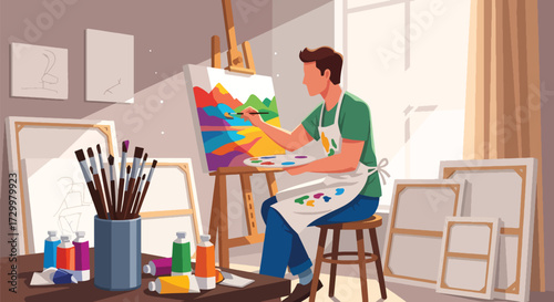 flat style Illustration of an artist painting a colorful landscape on canvas in a bright studio, surrounded by brushes, paints, and blank canvases, symbolizing creativity, art, and inspiration