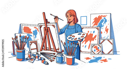 flat style Illustration of an artist painting a colorful landscape on canvas in a bright studio, surrounded by brushes, paints, and blank canvases, symbolizing creativity, art, and inspiration