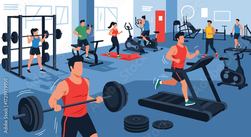 flat style Illustration of people exercising in a modern gym with treadmills, weights, and fitness machines, highlighting strength training, cardio workouts, and a healthy active lifestyle