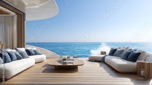 Luxury yacht exterior with seating wooden deck and ocean view