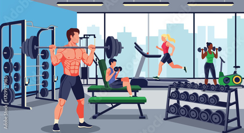 flat style Illustration of people exercising in a modern gym with treadmills, weights, and fitness machines, highlighting strength training, cardio workouts, and a healthy active lifestyle