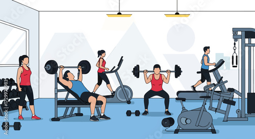 flat style Illustration of people exercising in a modern gym with treadmills, weights, and fitness machines, highlighting strength training, cardio workouts, and a healthy active lifestyle