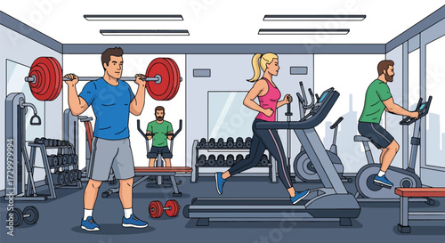 flat style Illustration of people exercising in a modern gym with treadmills, weights, and fitness machines, highlighting strength training, cardio workouts, and a healthy active lifestyle