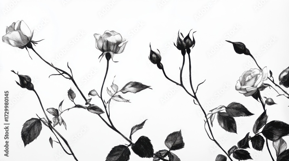 Fototapeta premium Black and white sketch, strong contrast, rose buds, long stems, vines, leaves, white background 