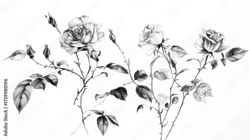 Obraz premium Black and white sketch, strong contrast, rose buds, long stems, vines, leaves, white background 