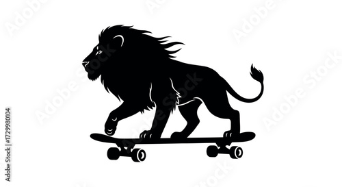 Majestic black lion silhouette walking confidently on a skateboard symbolizing strength and urban adventure isolated on transparent background