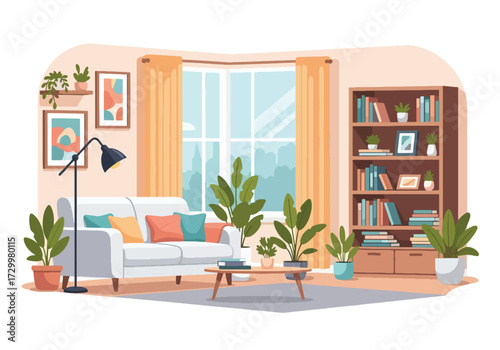 Flat style illustration of a cozy living room interior with sofa, bookshelves, houseplants, coffee table, and large window, symbolizing comfort, home decor, relaxation, and modern lifestyle