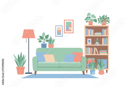 Flat style illustration of a cozy living room interior with sofa, bookshelves, houseplants, coffee table, and large window, symbolizing comfort, home decor, relaxation, and modern lifestyle