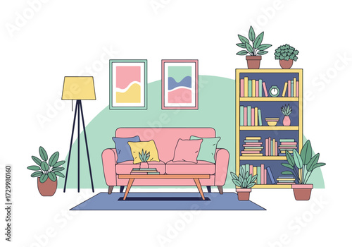 Flat style illustration of a cozy living room interior with sofa, bookshelves, houseplants, coffee table, and large window, symbolizing comfort, home decor, relaxation, and modern lifestyle