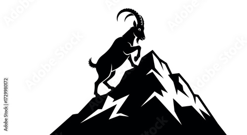 Schilderij op canvas Majestic Ibex Climbing a Mountain Peak Silhouette Graphic Illustration Black and