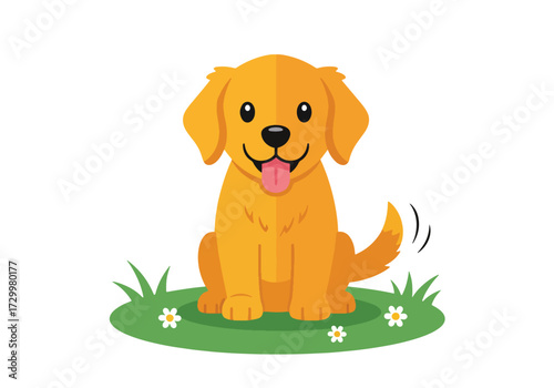 Flat style illustration of a cute puppy sitting on grass with a happy expression, symbolizing pets, companionship, friendship, and animal care for family and lifestyle concepts