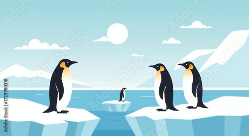 Three adult penguins stand on ice, watching a baby penguin on a small iceberg in a cold, arctic landscape.